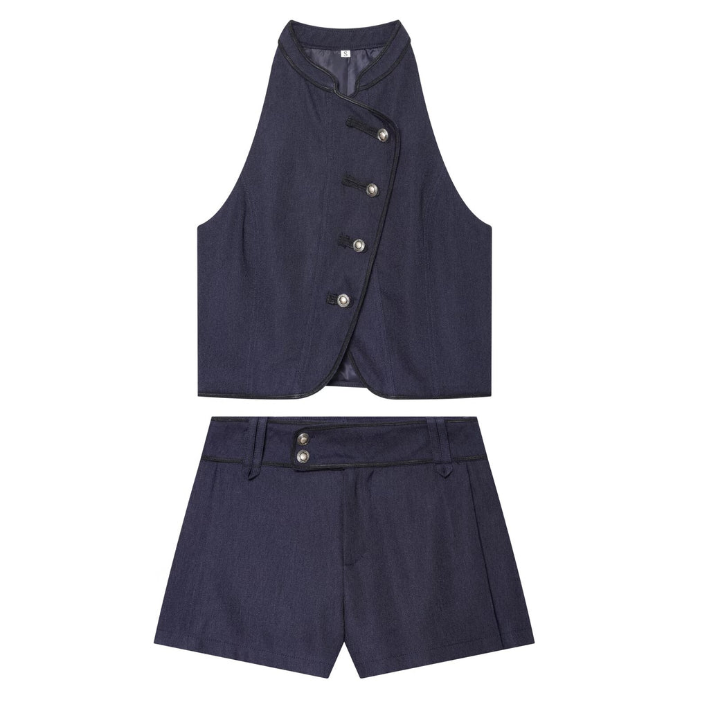 suit Women's 2 pieces contrasting color trimmed halter neck vest+ Shorts Skirts