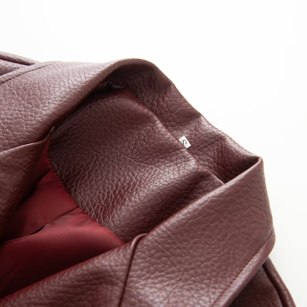 Women's With Belt Lapel faux leather Coat
