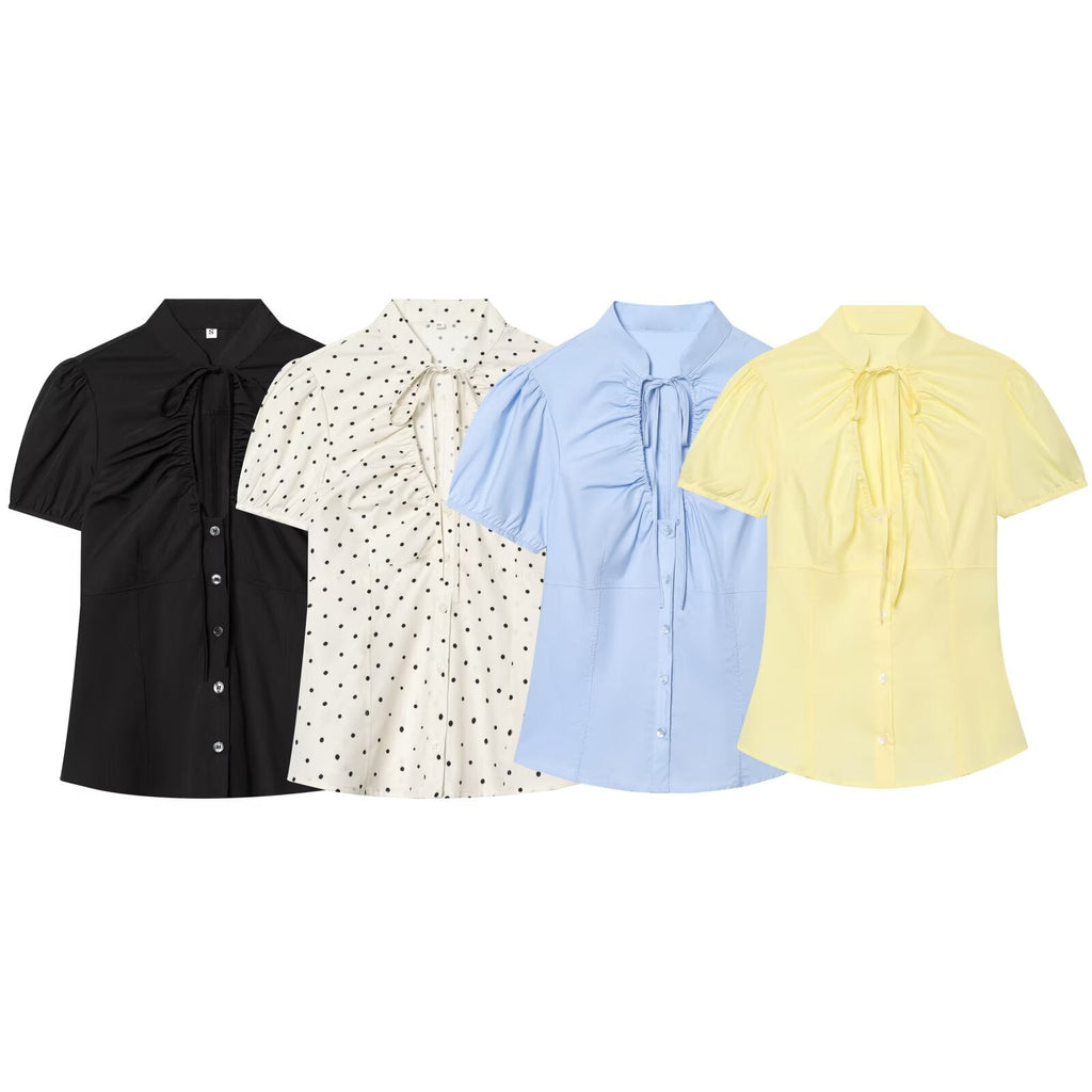 Women's bow decoration pleated poplin top