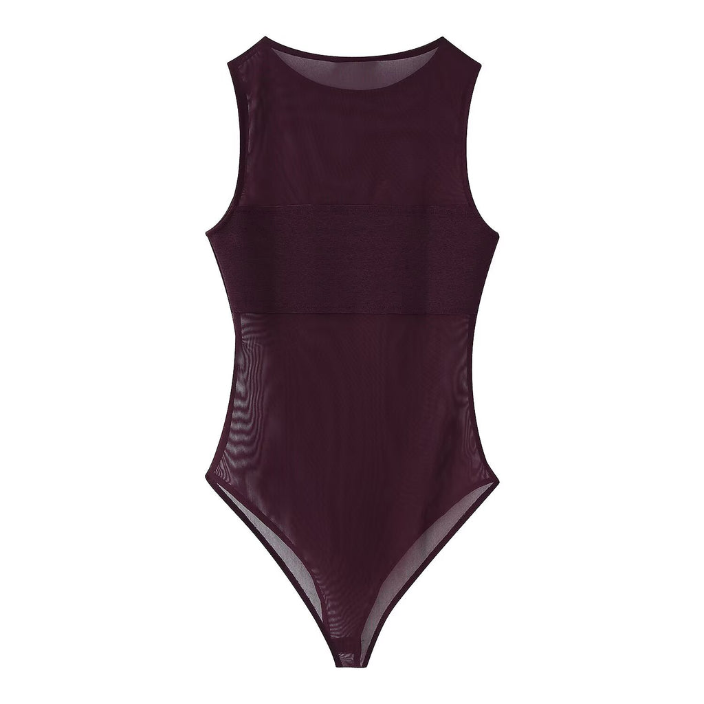 Women's sexy patchwork tulle bodysuit