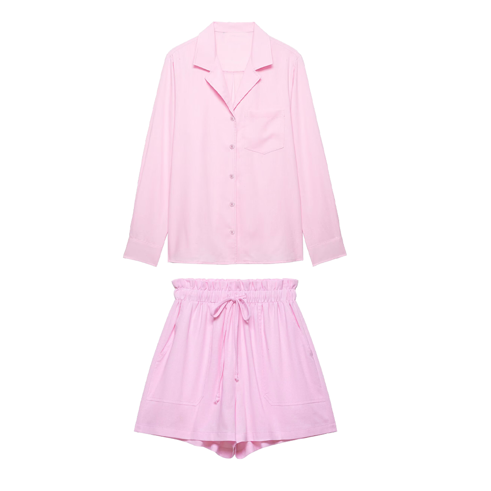 suit Women's 2 pieces pocket decoration linen blend shirt+shorts