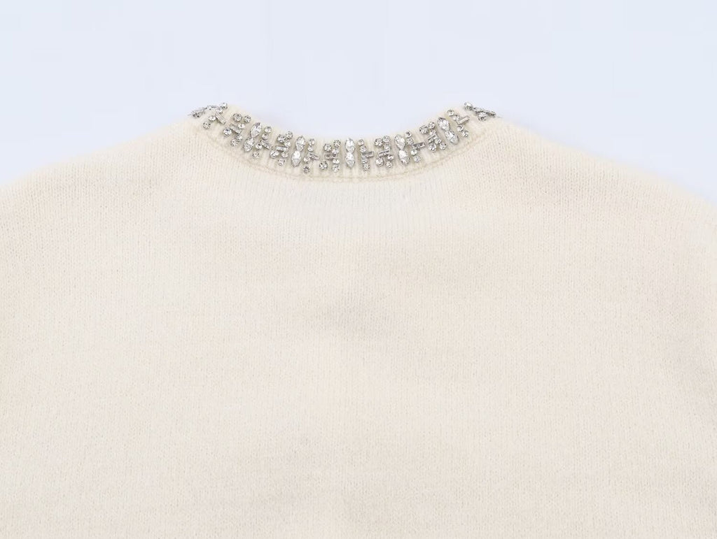 Women's beaded collar short sleeved knitted sweater