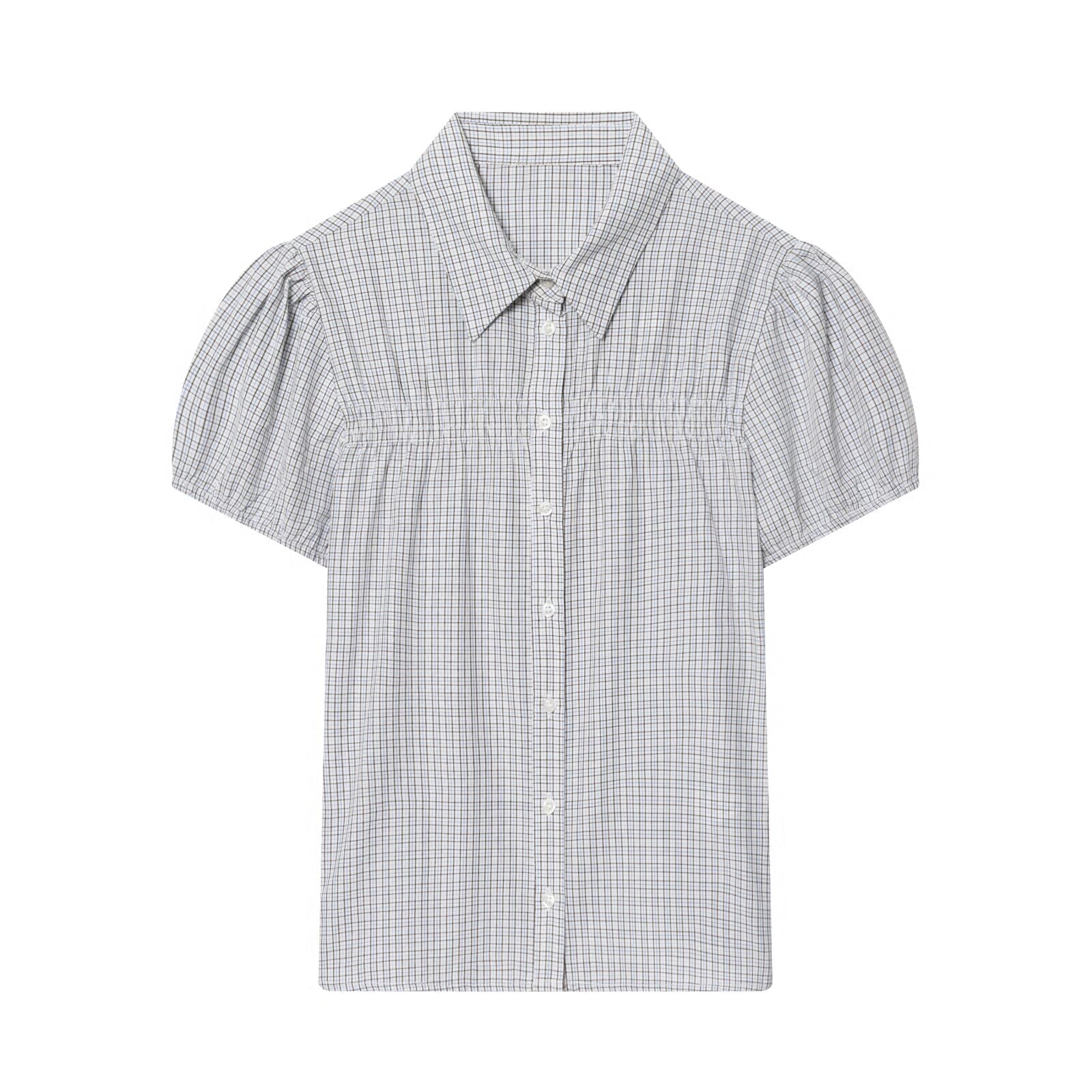 Women's short sleeved plaid elastic poplin shirt