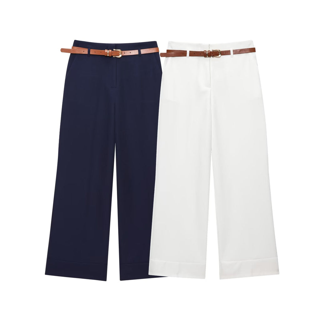 Women's with Belt rolled hem design casual pants
