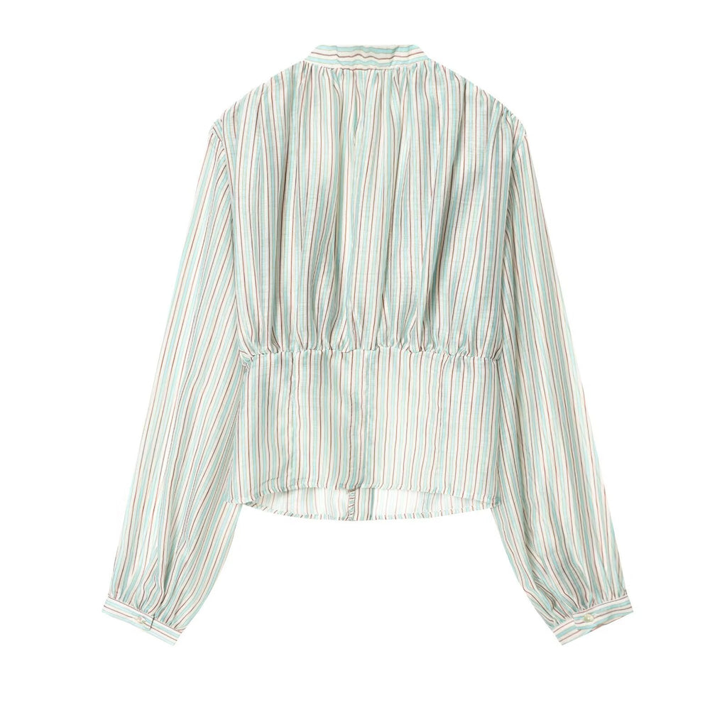 Women's V-neck striped waist cinched shirt