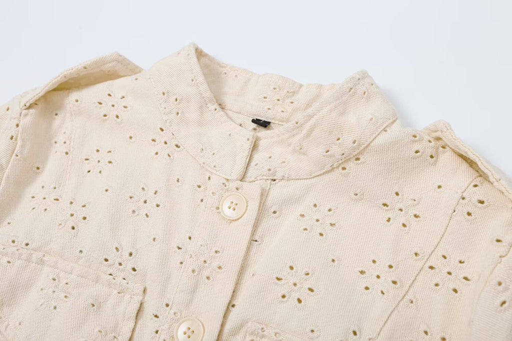 Women's flip pocket decoration hollow jacket Coat