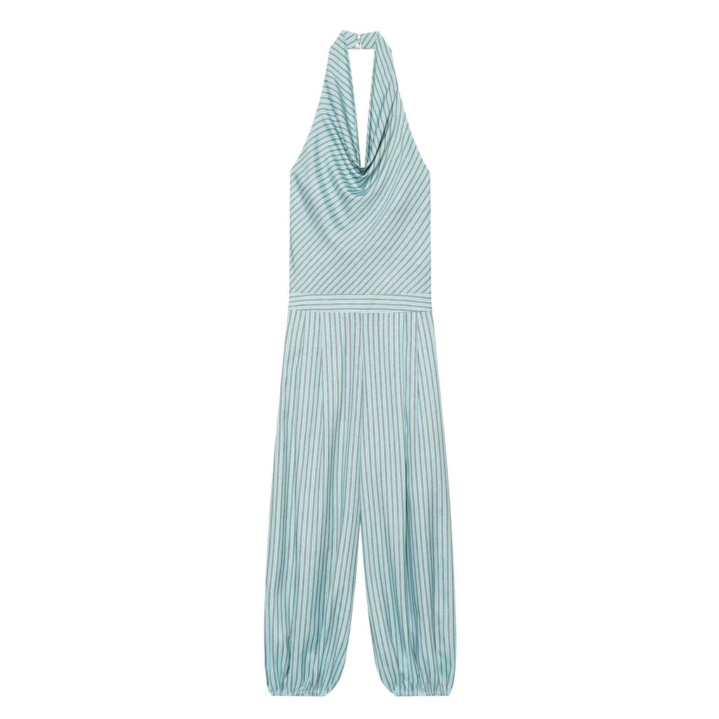 Women's striped linen blended lantern jumpsuit