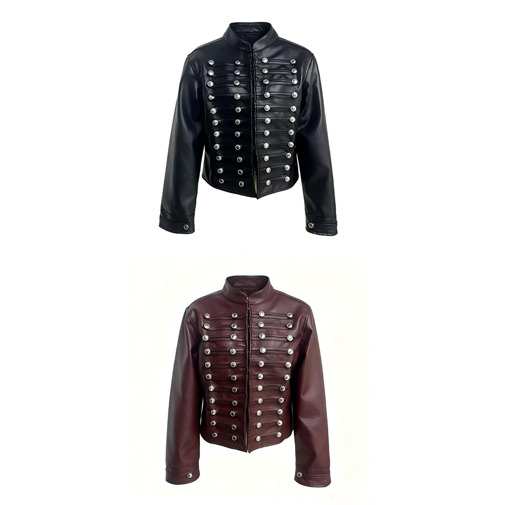Women's button decoration short Faux Leather jacket Coat