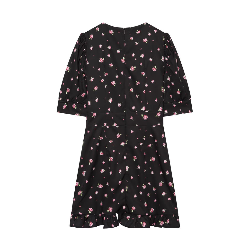 Women's slim V-neck printed mini dress