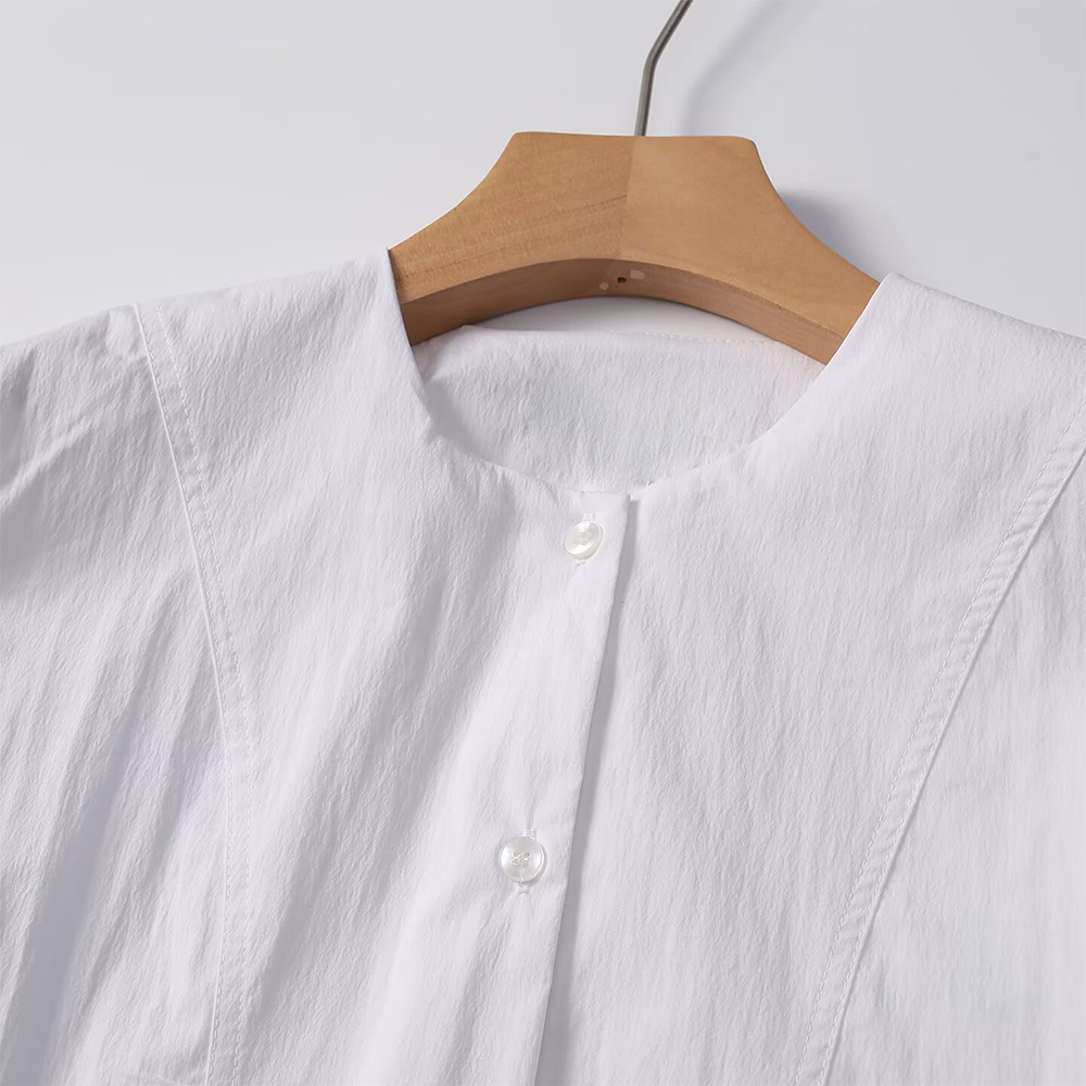 Women's slim collarless short poplin shirt