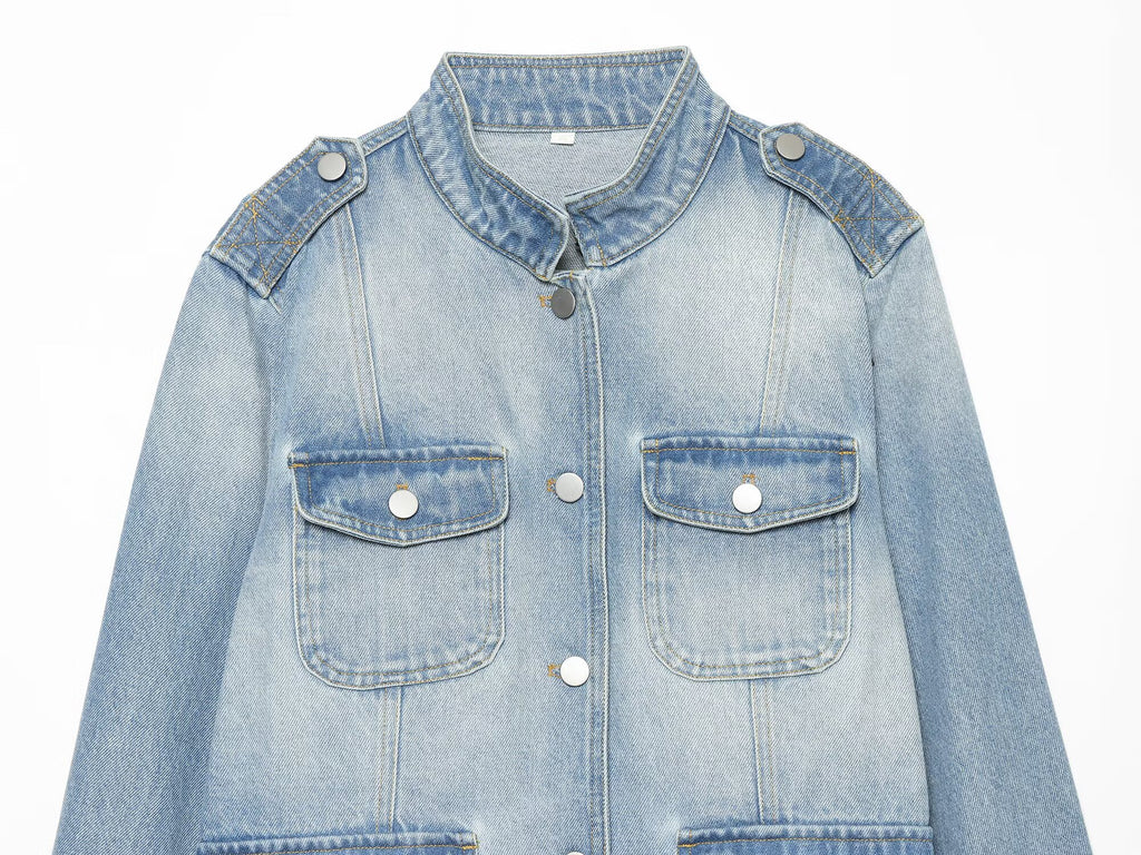 Women's long sleeved stand collar denim jacket