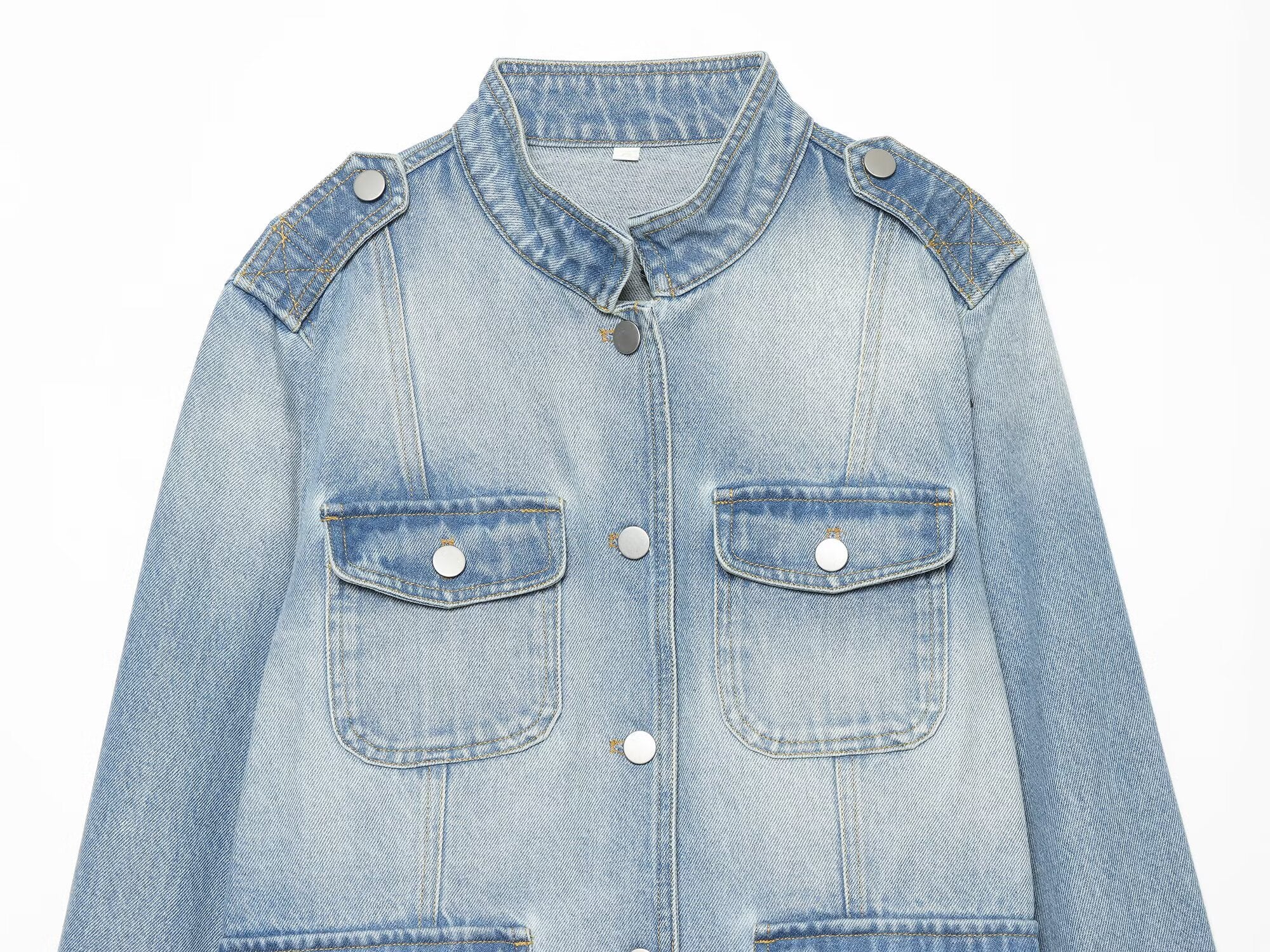 Women's long sleeved stand collar denim jacket