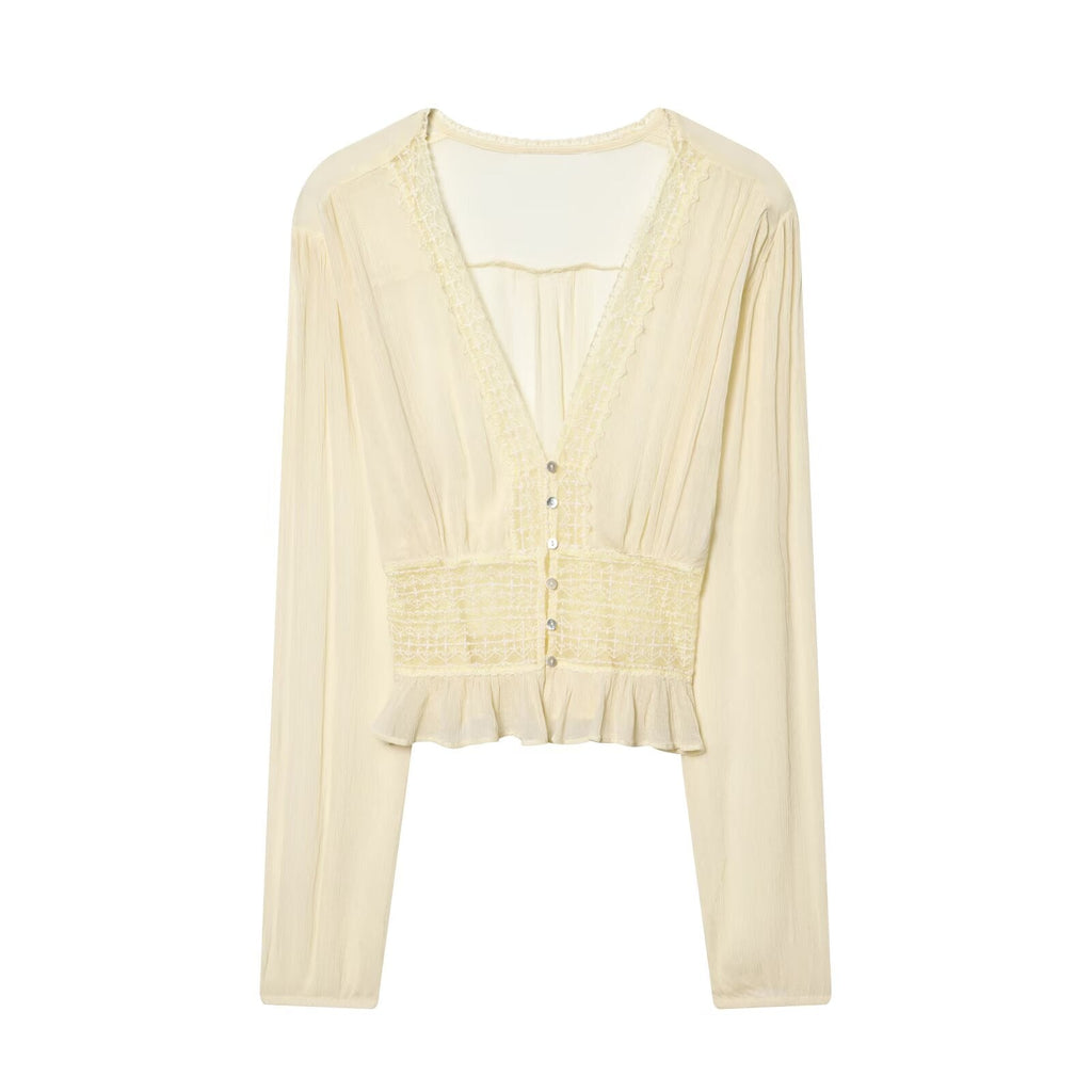 Women's slim V-neck lace chiffon shirt