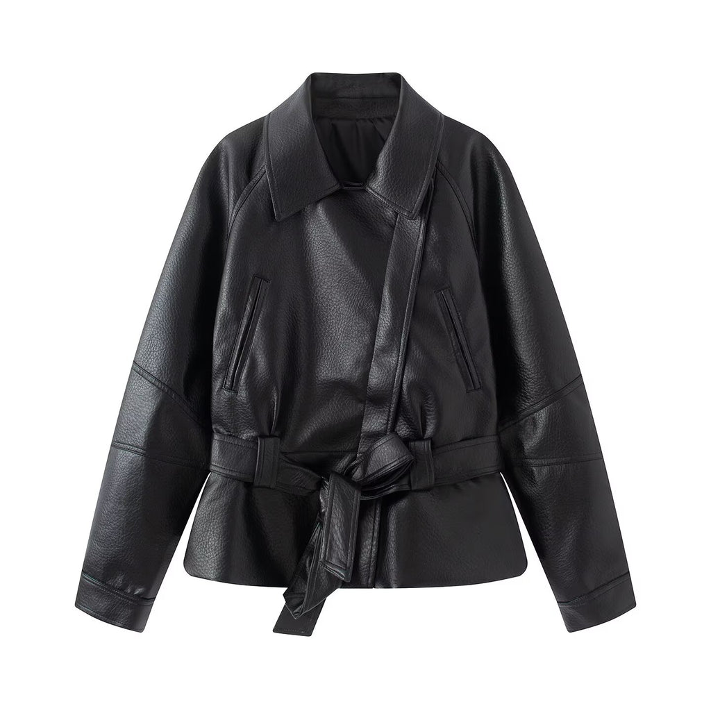 Women's with Belt faux leather windbreaker Coat