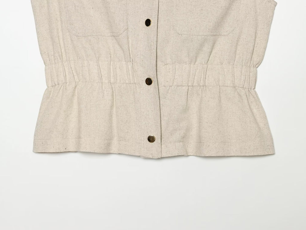 Women's pocket decoration linen blend vest