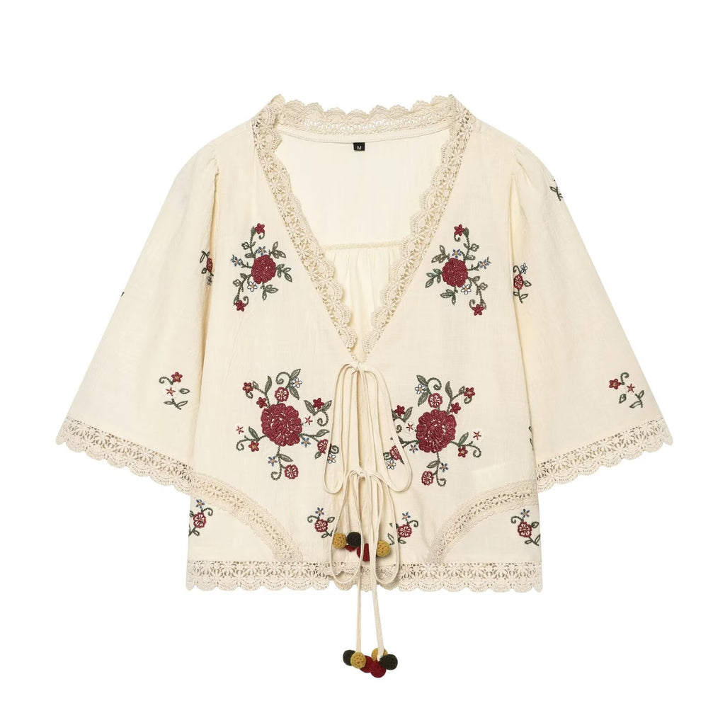 suit Women's 2 pieces floral embroidered lace up top+shorts
