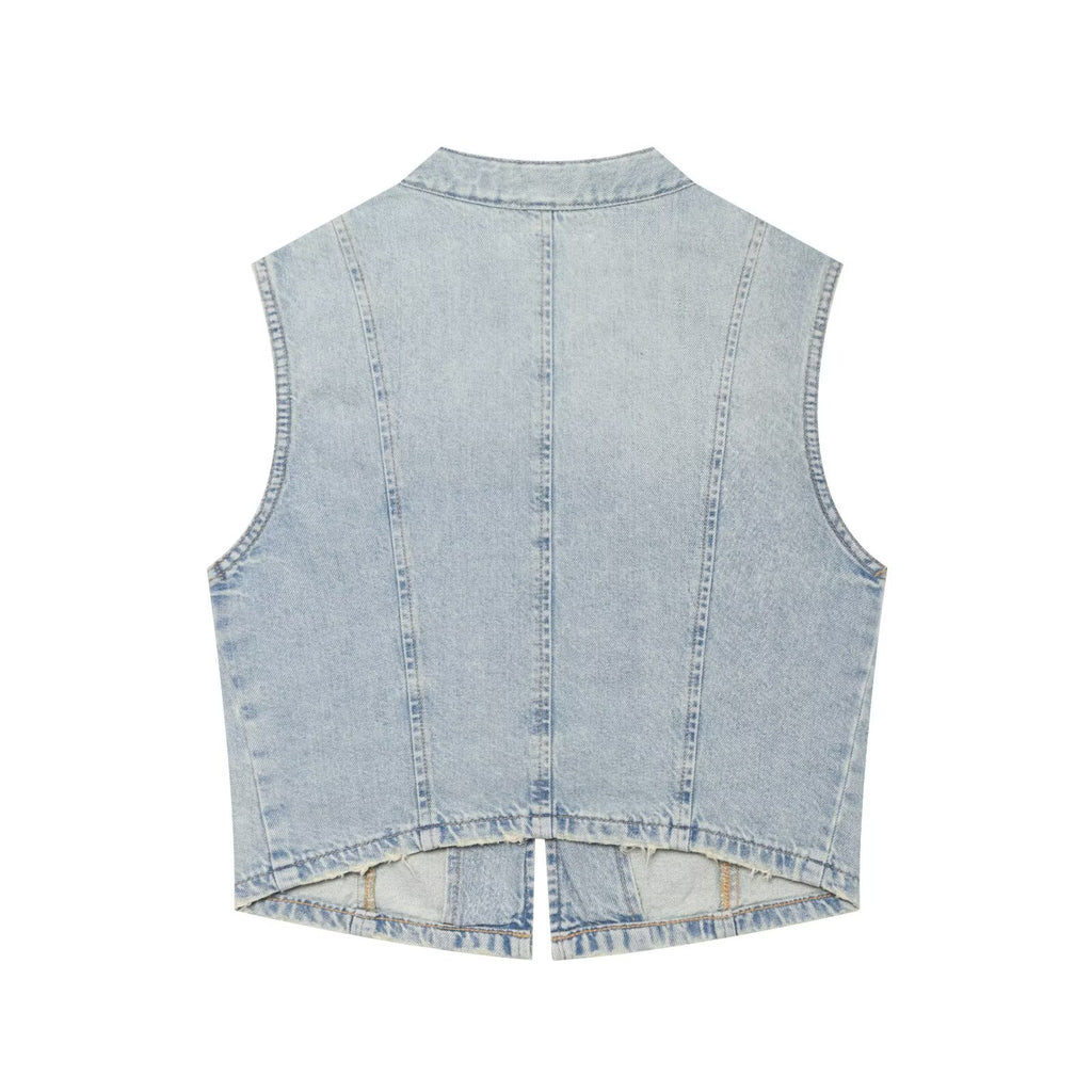 Women's button decoration sleeveless denim vest