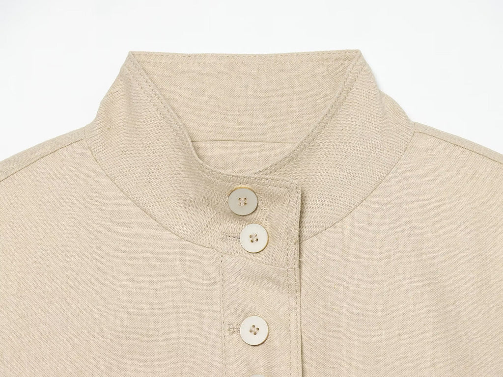 Women's linen blended slim stand collar Coat
