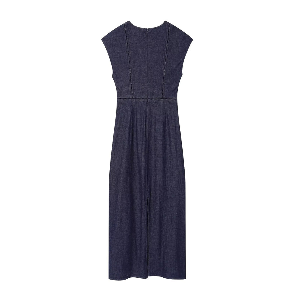 Women's V-neck patchwork pleated denim dress
