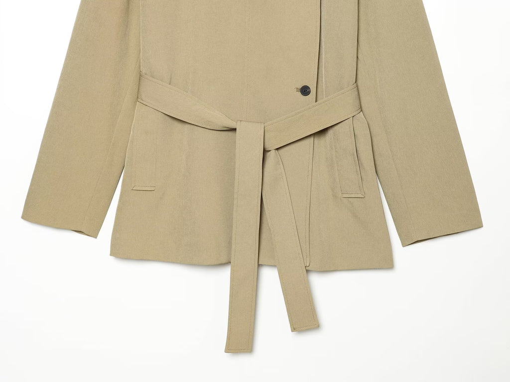 Women's with belt loose stand collar windbreaker Coat