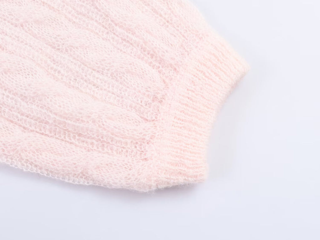 Women's O Neck short sleeved hollow knit sweater