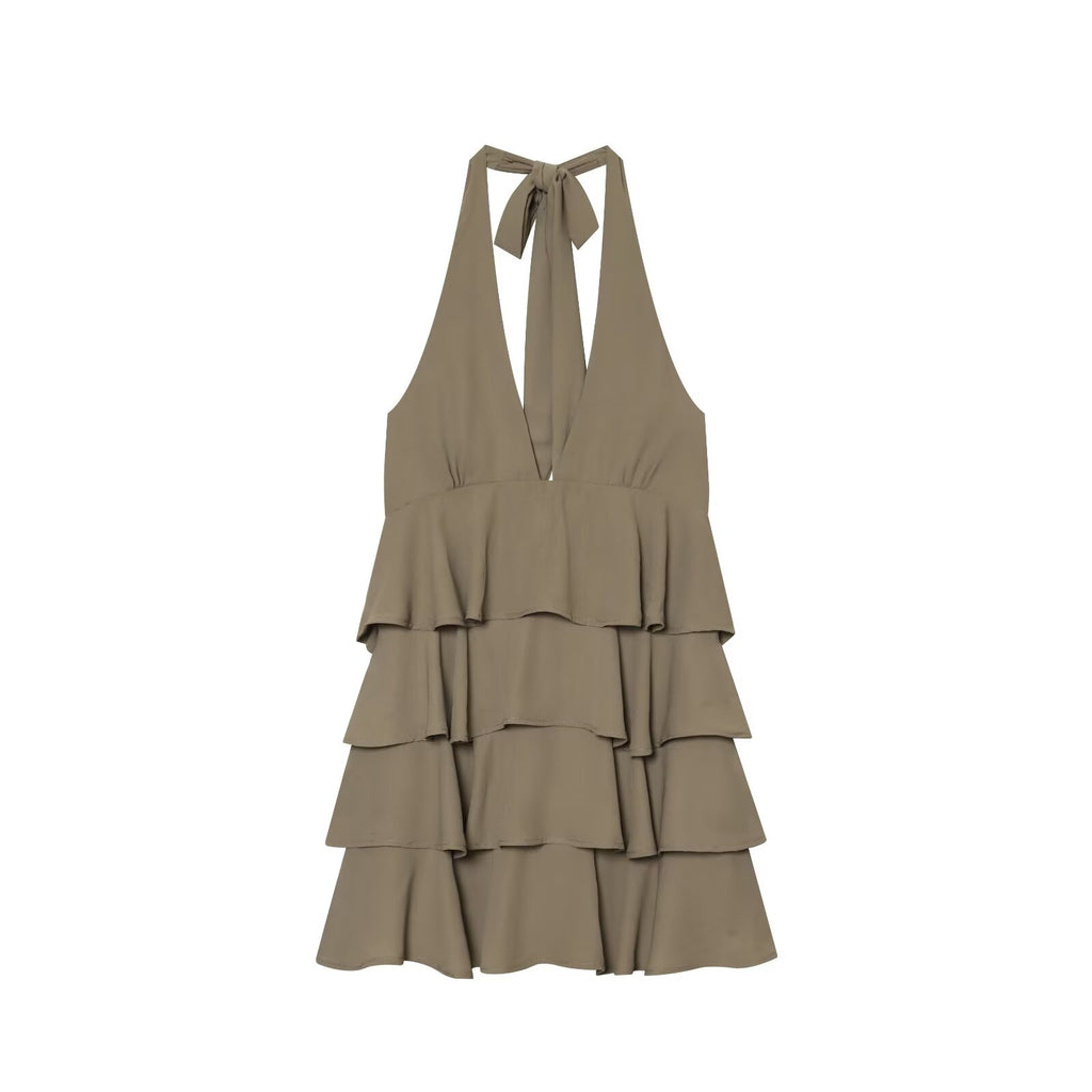 Women's layered decorative hanging neck mini dress