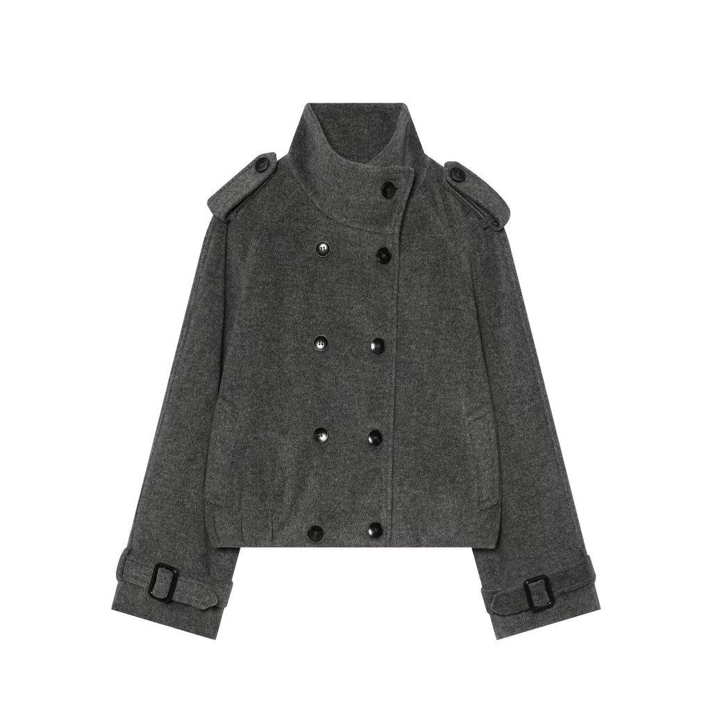 Women's standing collar double breasted woolen coat