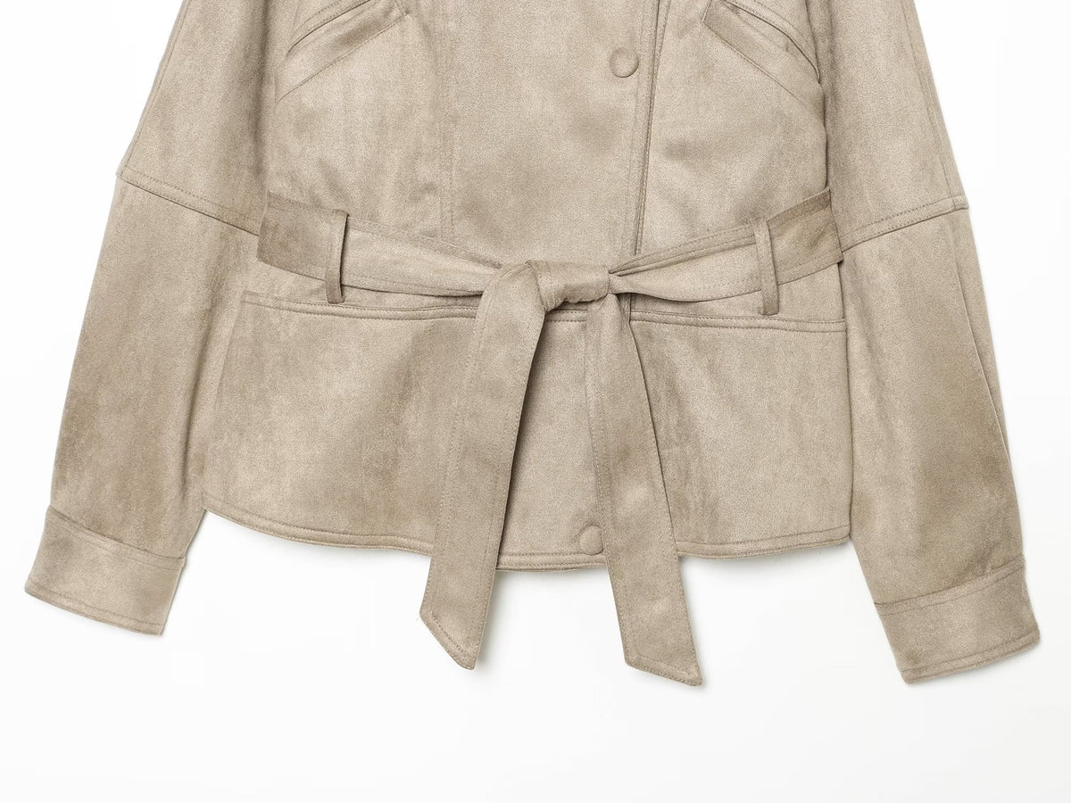 Women's with belt suede short slim jacket Coat