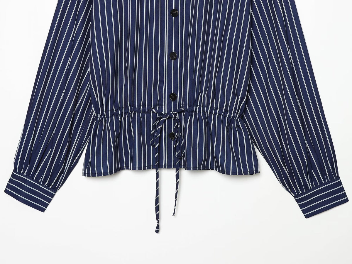 Women's with drawstring striped stand collar shirt