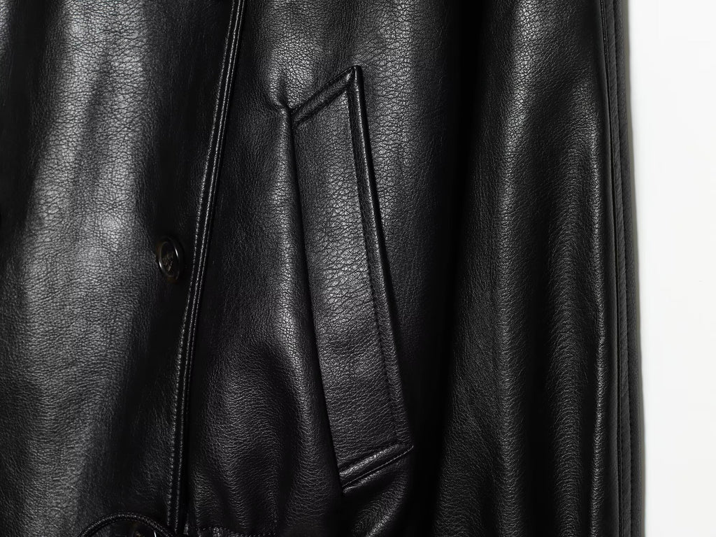 Women's black double breasted Imitation leather jacket