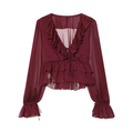 Women's slightly transparent ruffled V-neck top