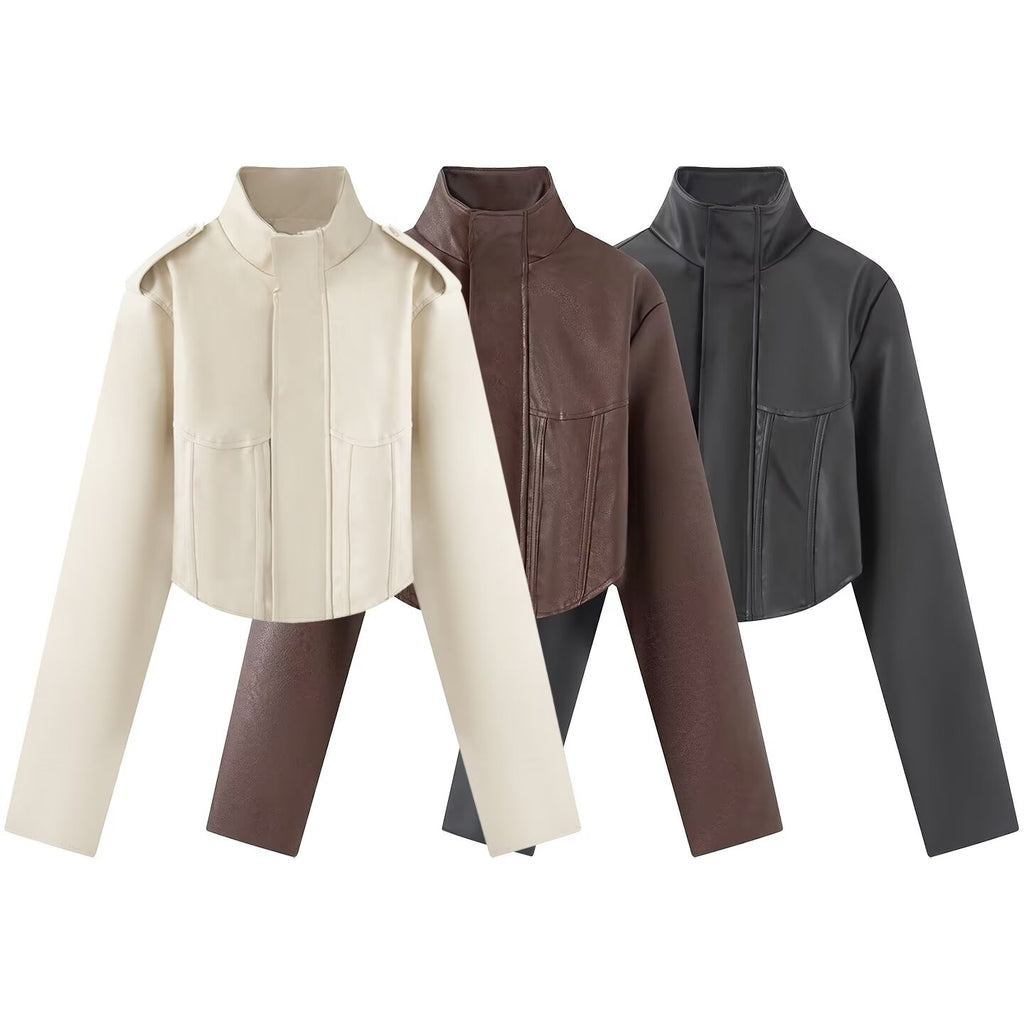 2026 Women's slim stand collar PU leather jacket
