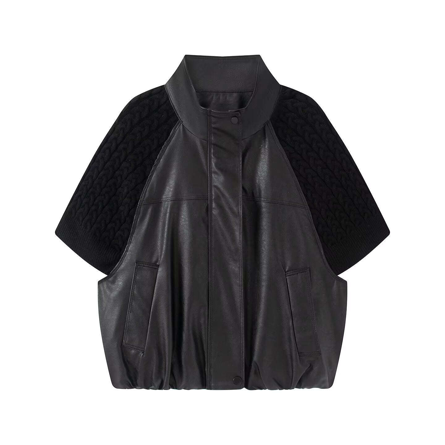 Women's casual knitted patchwork Faux Leather Coat