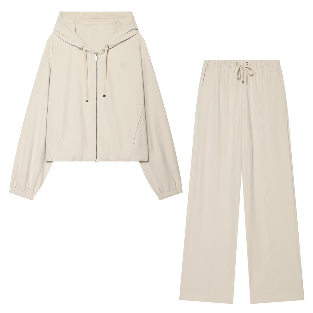 suit Women's 2 pieces long sleeved hooded zipper pilot jacket+wide leg pants