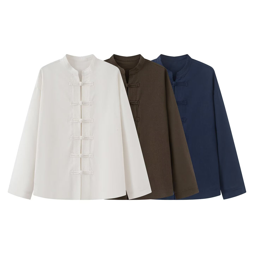 Women's rope knot buckle loose linen blended shirt