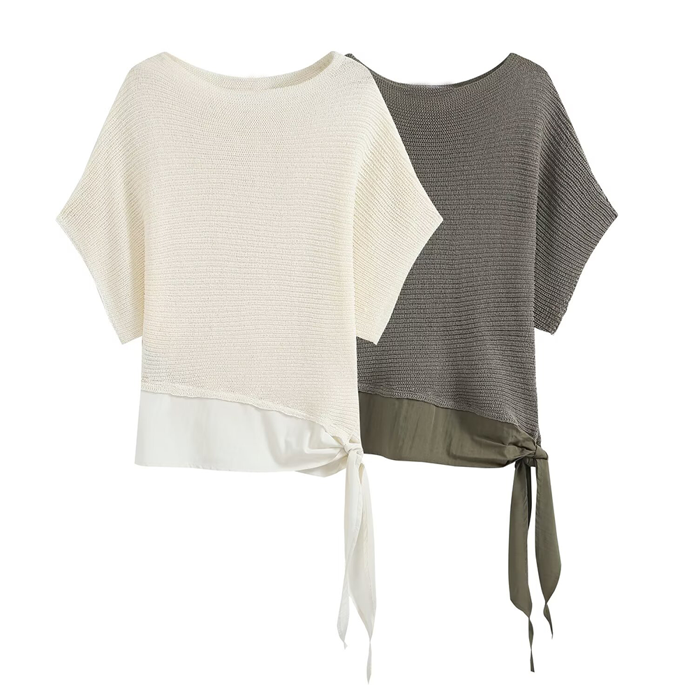 Women's knot decoration splicing knitted top
