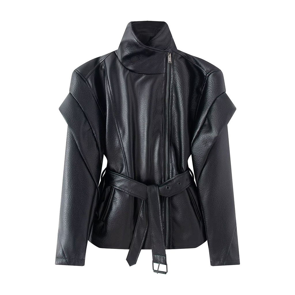 Women's high necked faux leather waistband jacket