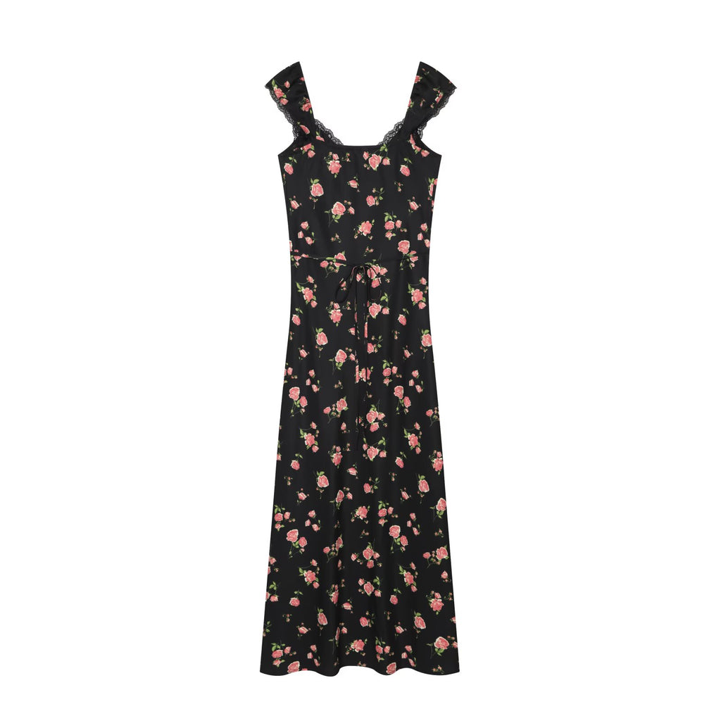 Women's lace decorated V-neck printed dress