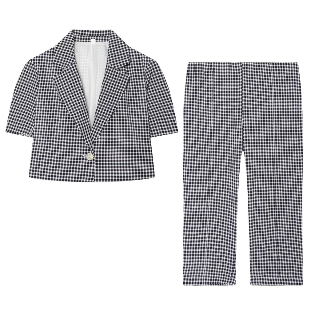 suit Women's 2 pieces short V-neck plaid Blazer Coat +Pants