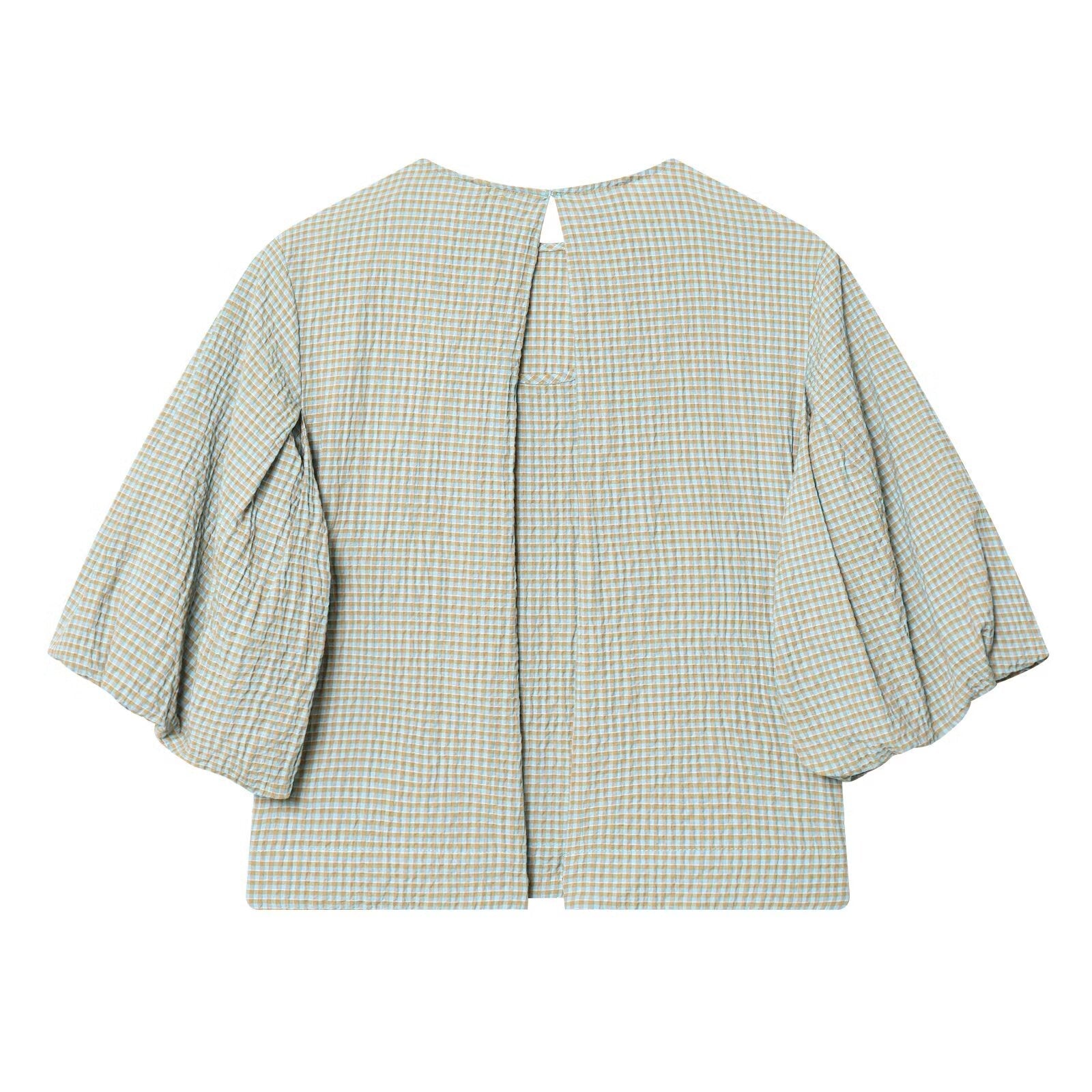 Women's O Neck balloon sleeve checkered top