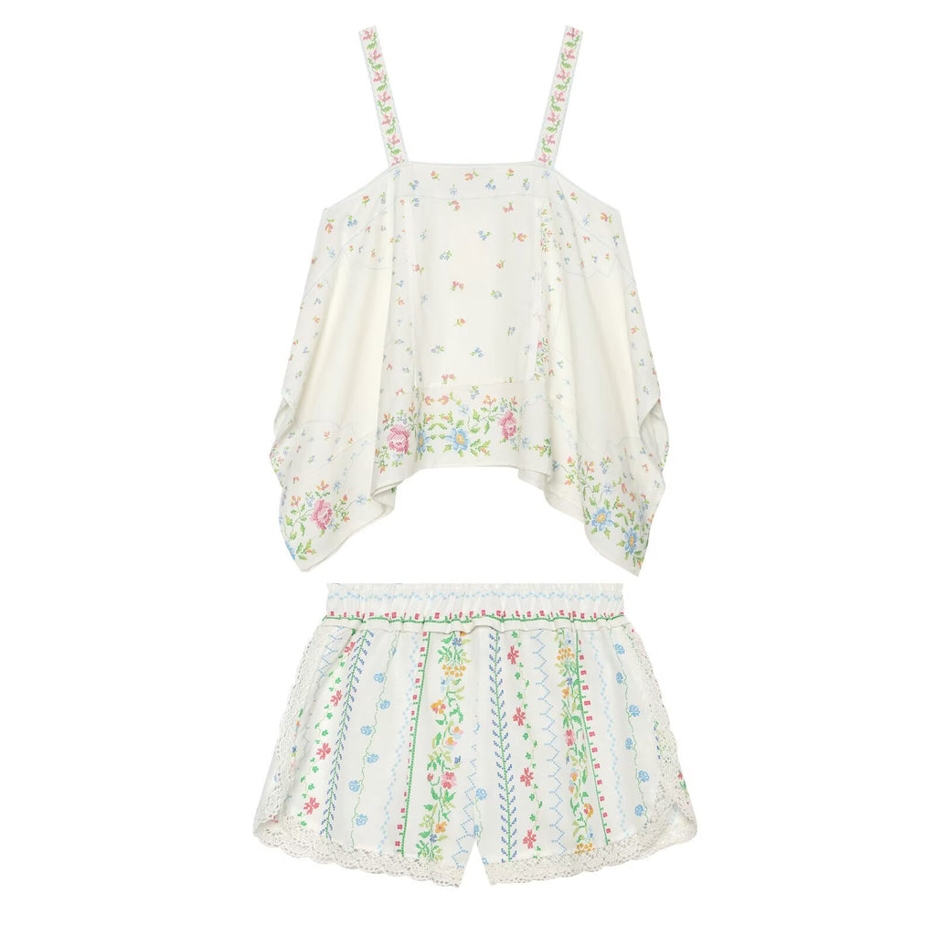suit Women's 2 pieces linen blend printed asymmetrical top+shorts