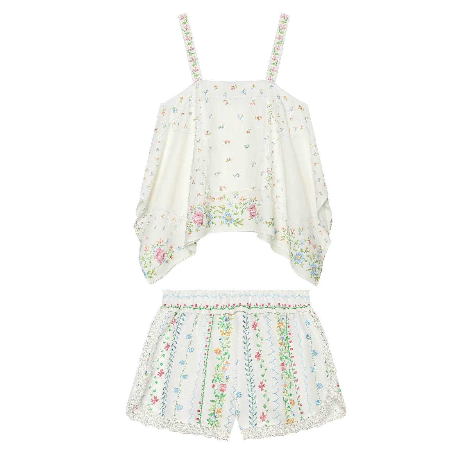 suit Women's 2 pieces linen blend printed asymmetrical top+shorts