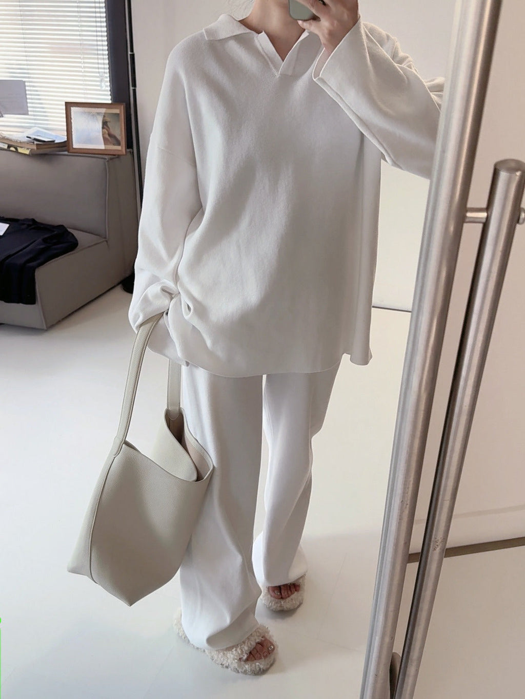 Women's new casual Joker suit Polo neck knitted pullover wide-leg trousers two-piece knitted suit