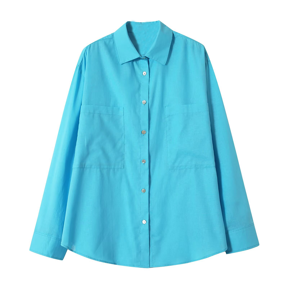 Women's pocket decoration long sleeved ramie shirt