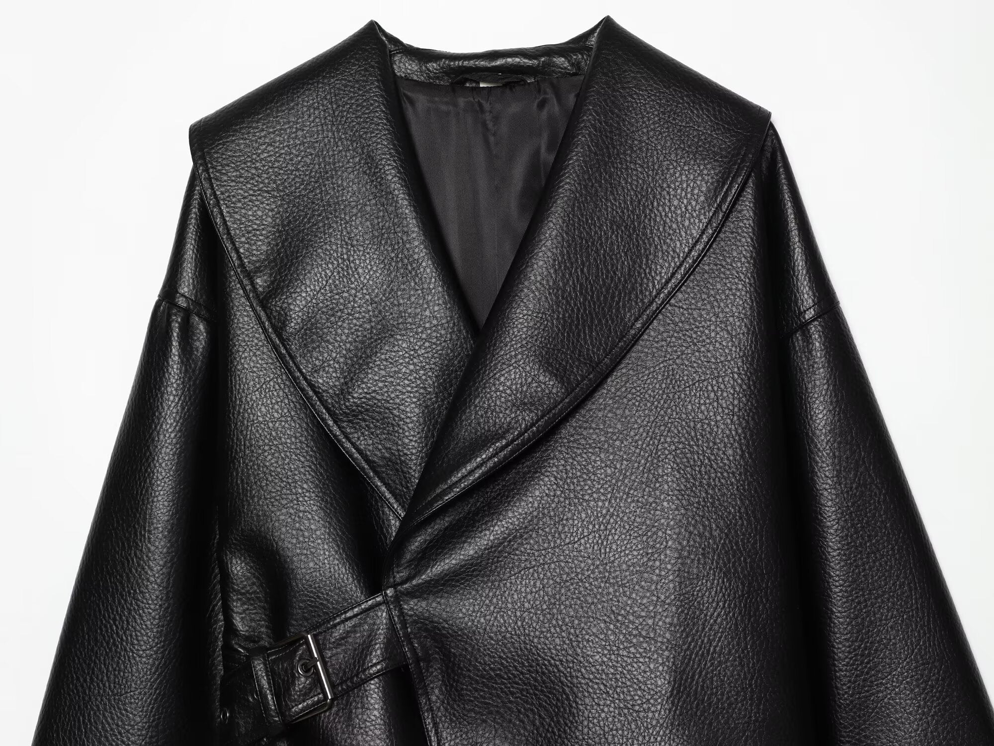 Women's metal buckle decorative lapel faux leather jacket