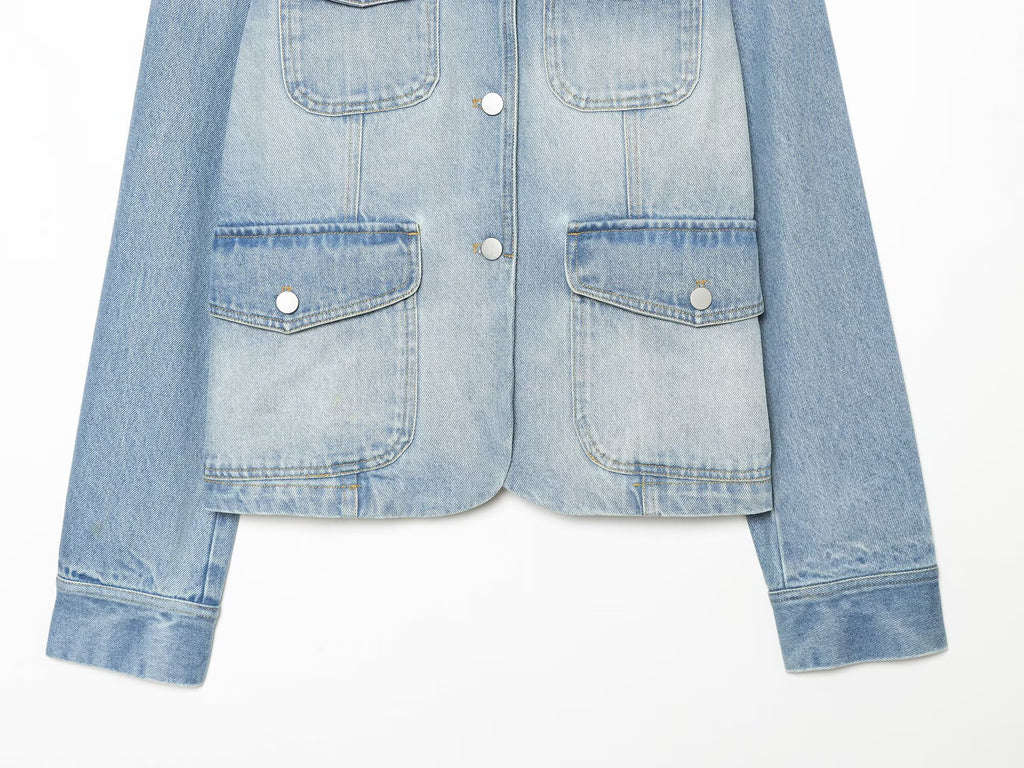 Women's long sleeved stand collar denim jacket