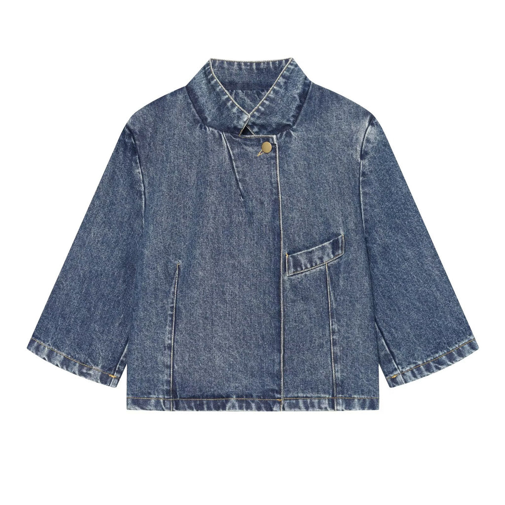 Women's short sleeved stand collar denim Blazer Coat