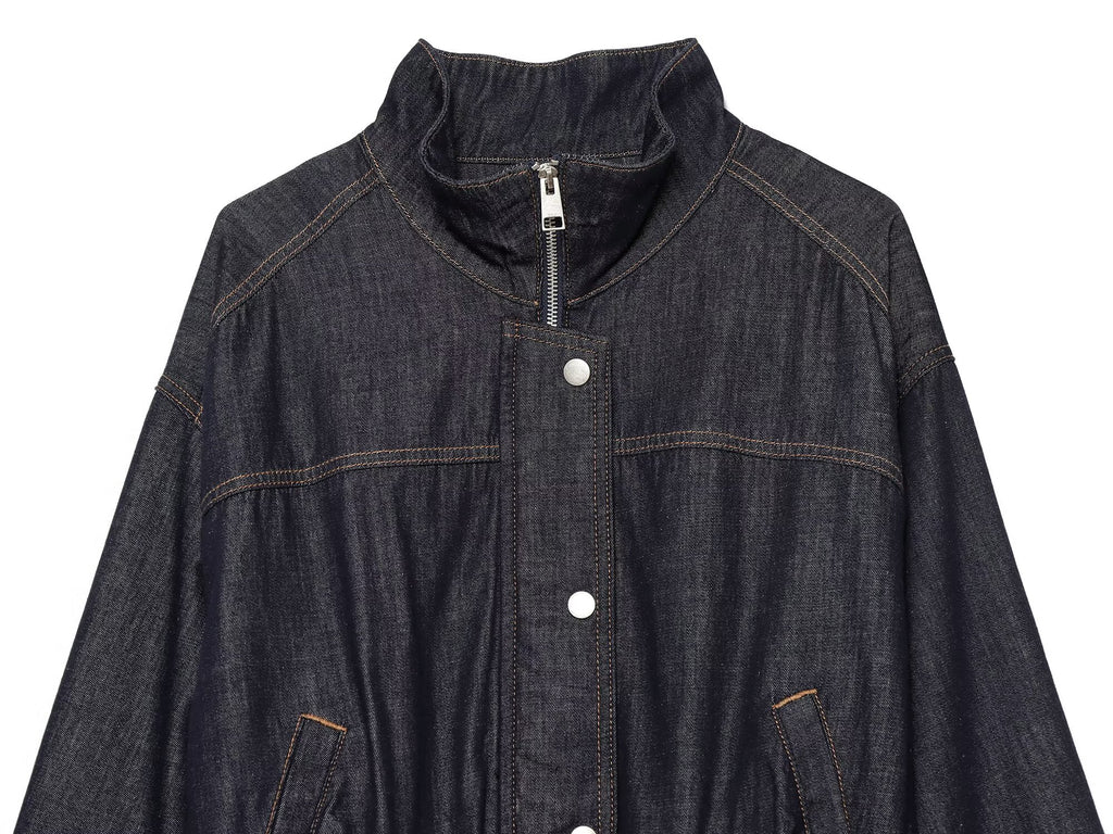 Women's waist belt decoration stand collar denim Coat
