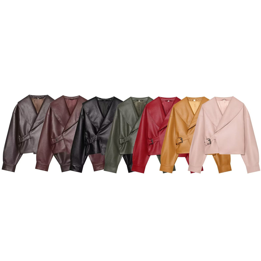 Women's metal buckle decorative lapel faux leather jacket