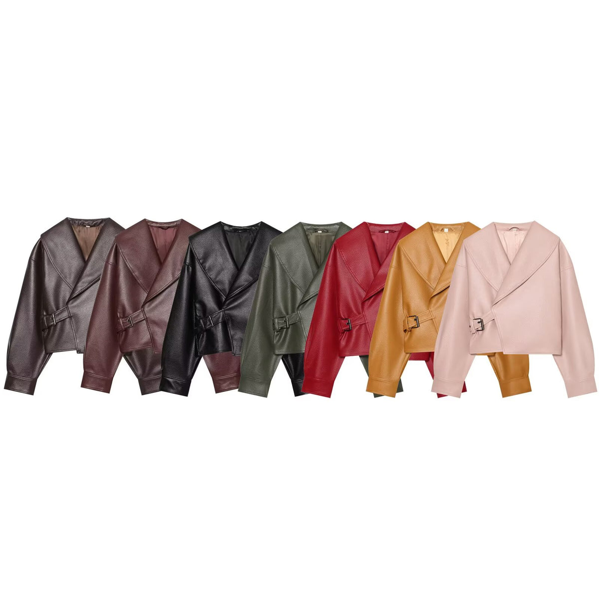 Women's metal buckle decorative lapel faux leather jacket